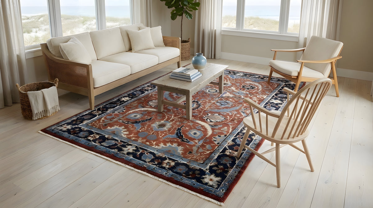 Rustic Oriental Red Hand Knotted Wool Rug in a sunroom