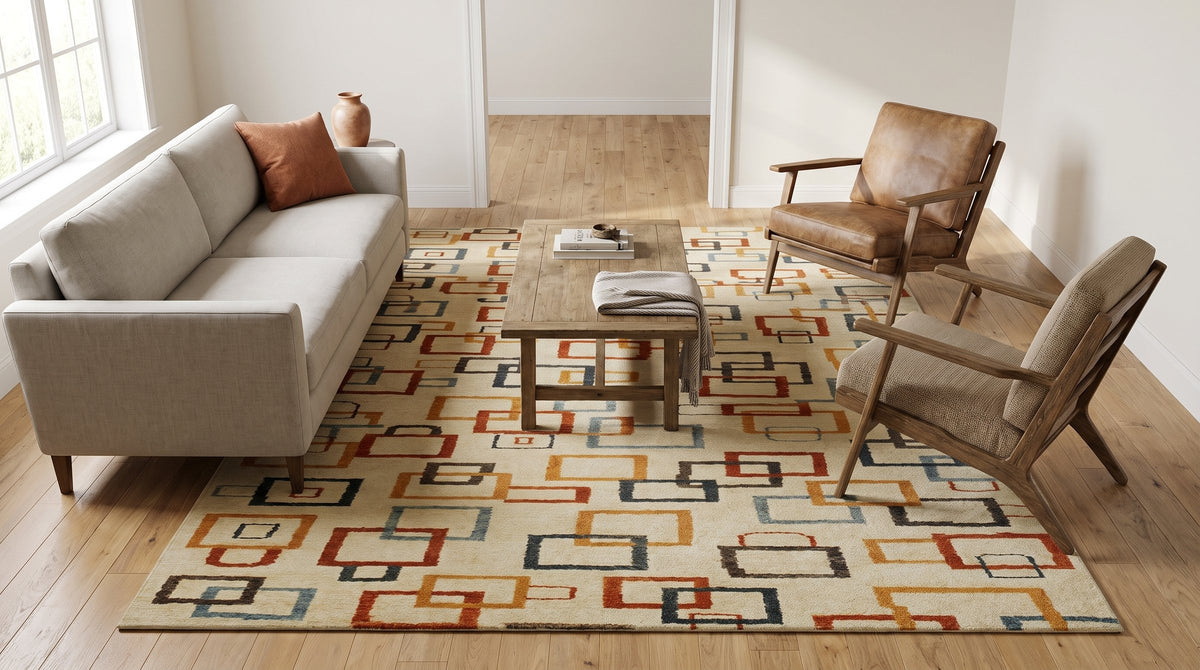 Sandstone Serenity Beige Handmade Wool Ningxia Rug in a living room