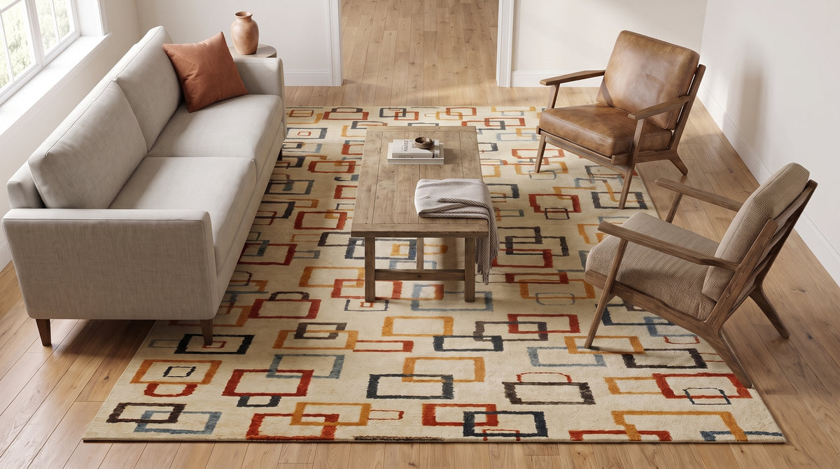 Sandstone Serenity Beige Handmade Wool Ningxia Rug in a living room