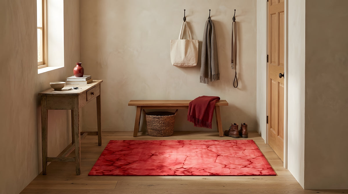 Sarrah Giselle Pink Hand Knotted Wool Rug in a entryway