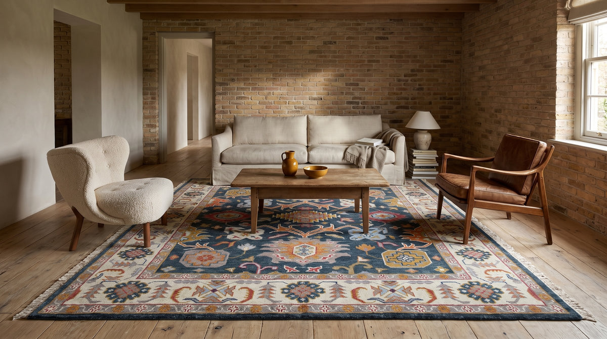 Sarrah Oushak Charcoal and Ivory Hand Knotted Wool Rug in a living room