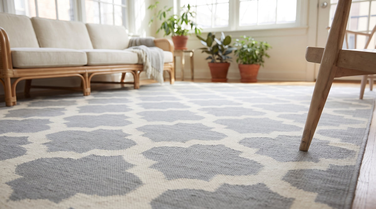 Selene Elena Gray Flatweave Wool Rug in a sunroom