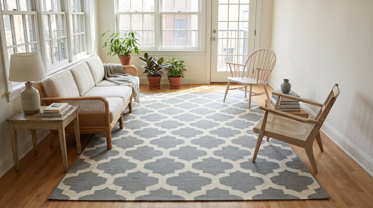 Selene Elena Gray Flatweave Wool Rug in a sunroom