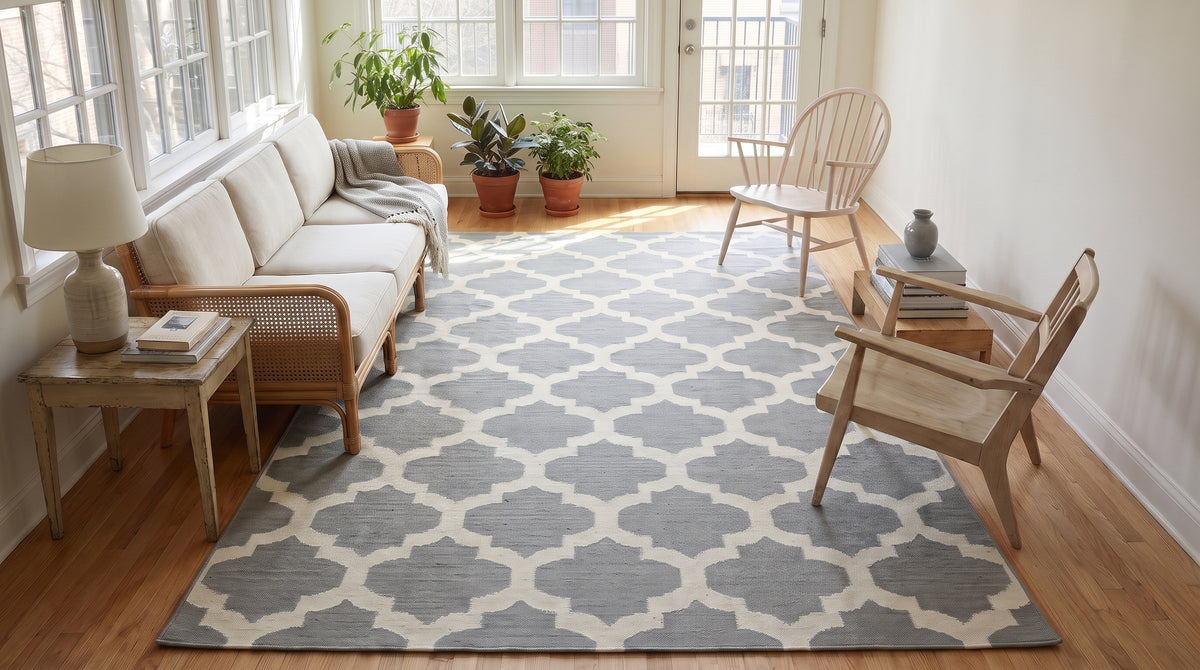 Selene Elena Gray Flatweave Wool Rug in a sunroom