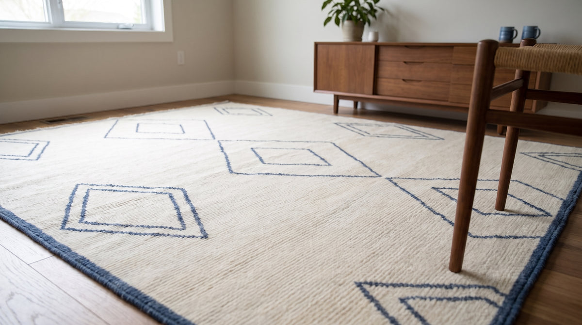 Selene Moroccan Ivory Hand Knotted Wool Rug in a dining room