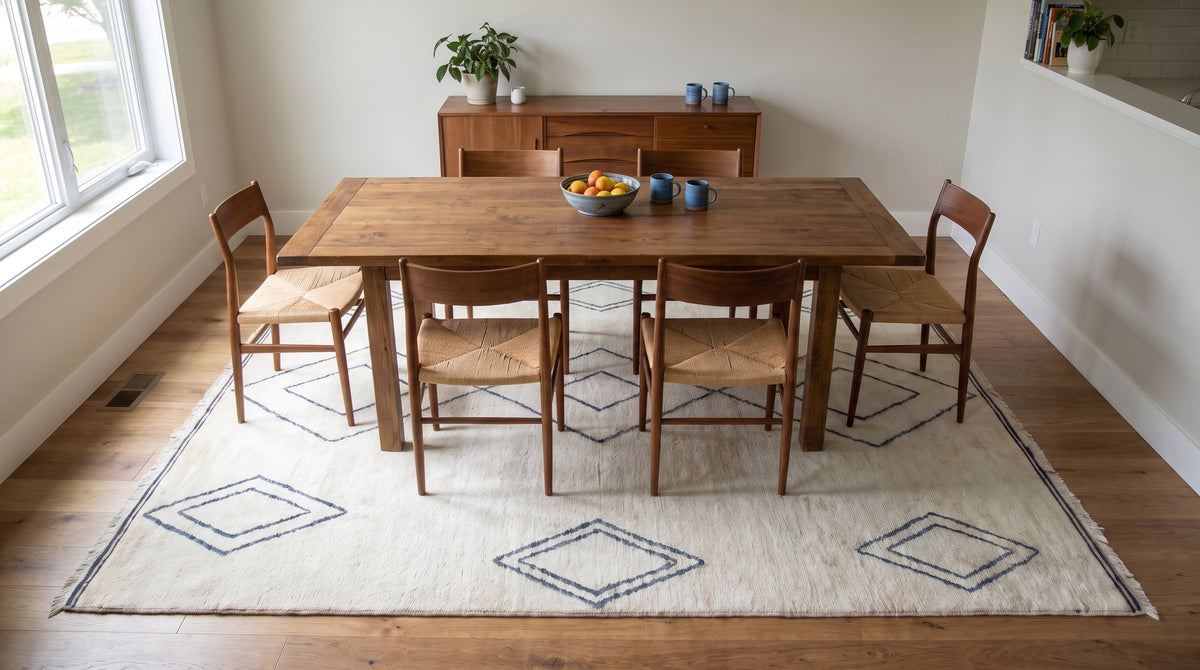 Selene Moroccan Ivory Hand Knotted Wool Rug in a dining room