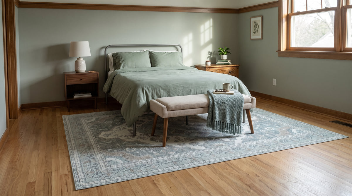 Selene Oriental Green Handmade Wool Rug in a bedroom