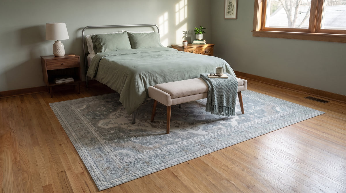 Selene Oriental Green Handmade Wool Rug in a bedroom