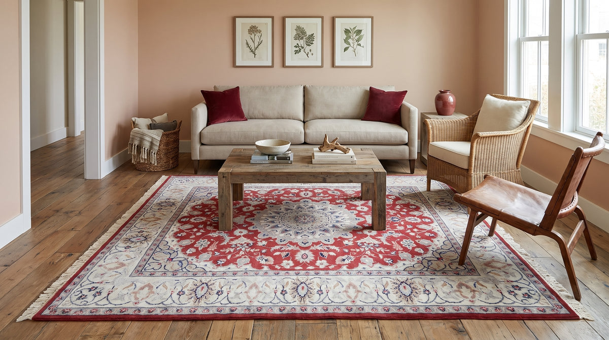 Selene Para Red Hand Knotted Wool & Silk Rug in a living room