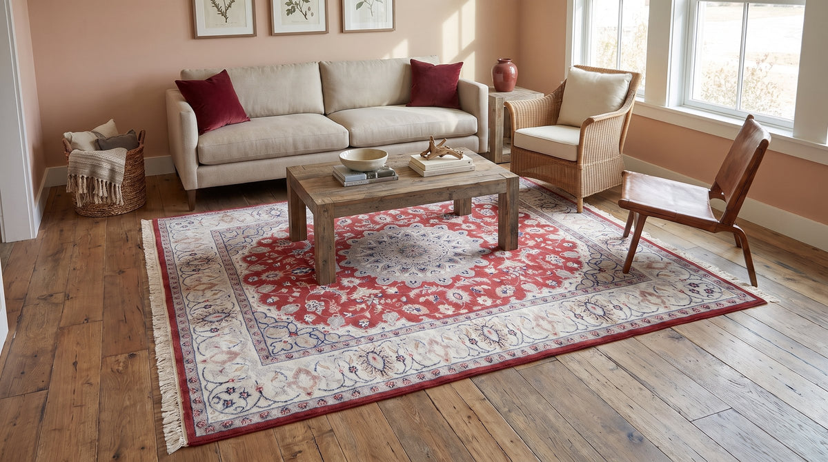 Selene Para Red Hand Knotted Wool & Silk Rug in a living room