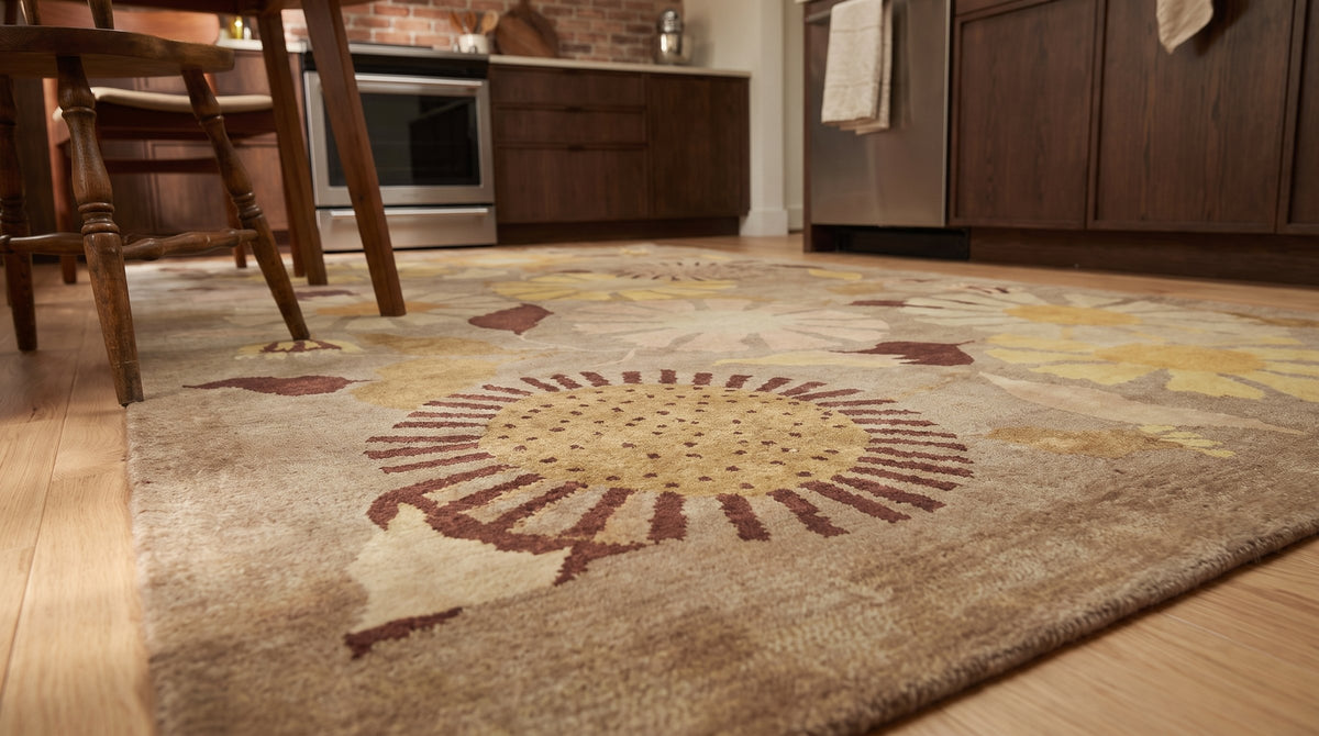 Serene Timeless Brown Hand Knotted Wool Rug in a kitchen