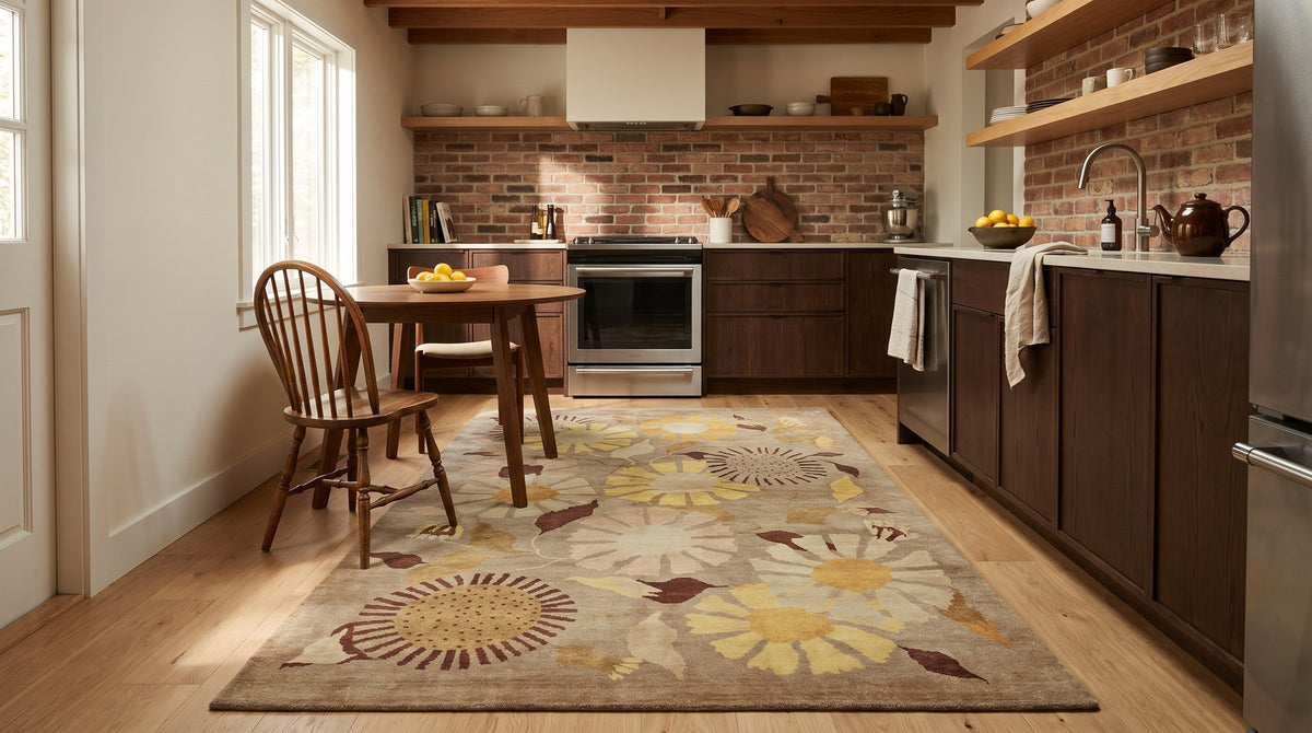 Serene Timeless Brown Hand Knotted Wool Rug in a kitchen