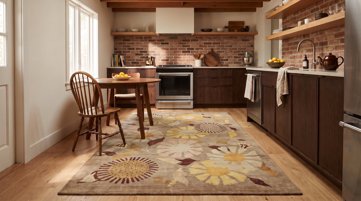 Serene Timeless Brown Hand Knotted Wool Rug in a kitchen