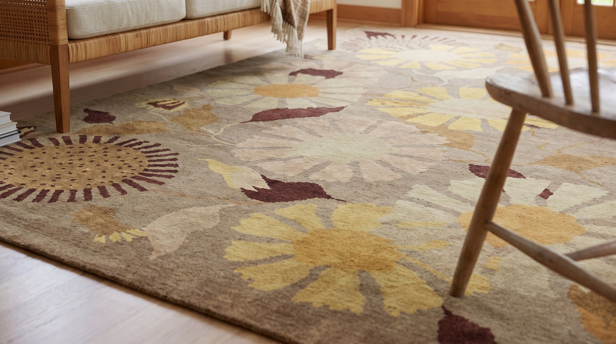Serene Timeless Brown Hand Knotted Wool Rug in a sunroom