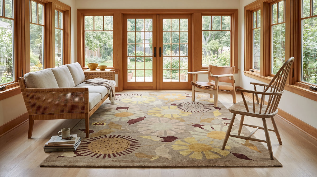 Serene Timeless Brown Hand Knotted Wool Rug in a sunroom