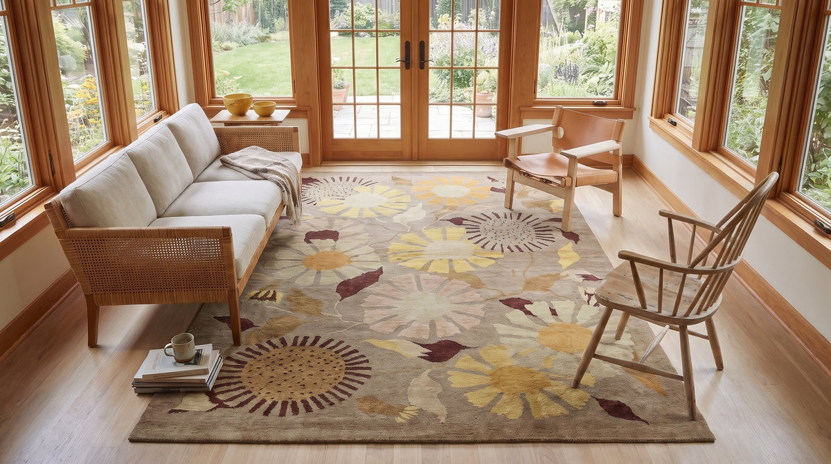 Serene Timeless Brown Hand Knotted Wool Rug in a sunroom