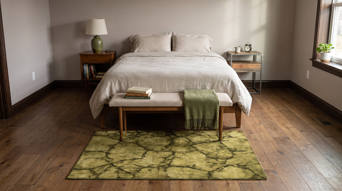 Sleek Cozy Green Hand Knotted Wool Rug in a bedroom