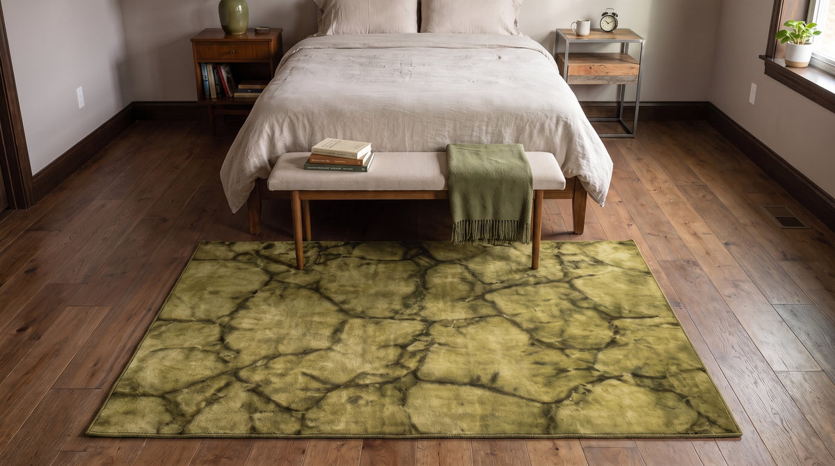 Sleek Cozy Green Hand Knotted Wool Rug in a bedroom