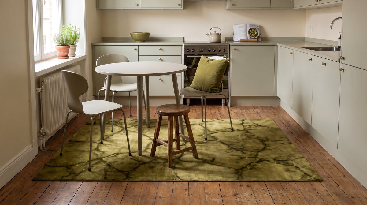 Sleek Cozy Green Hand Knotted Wool Rug in a kitchen