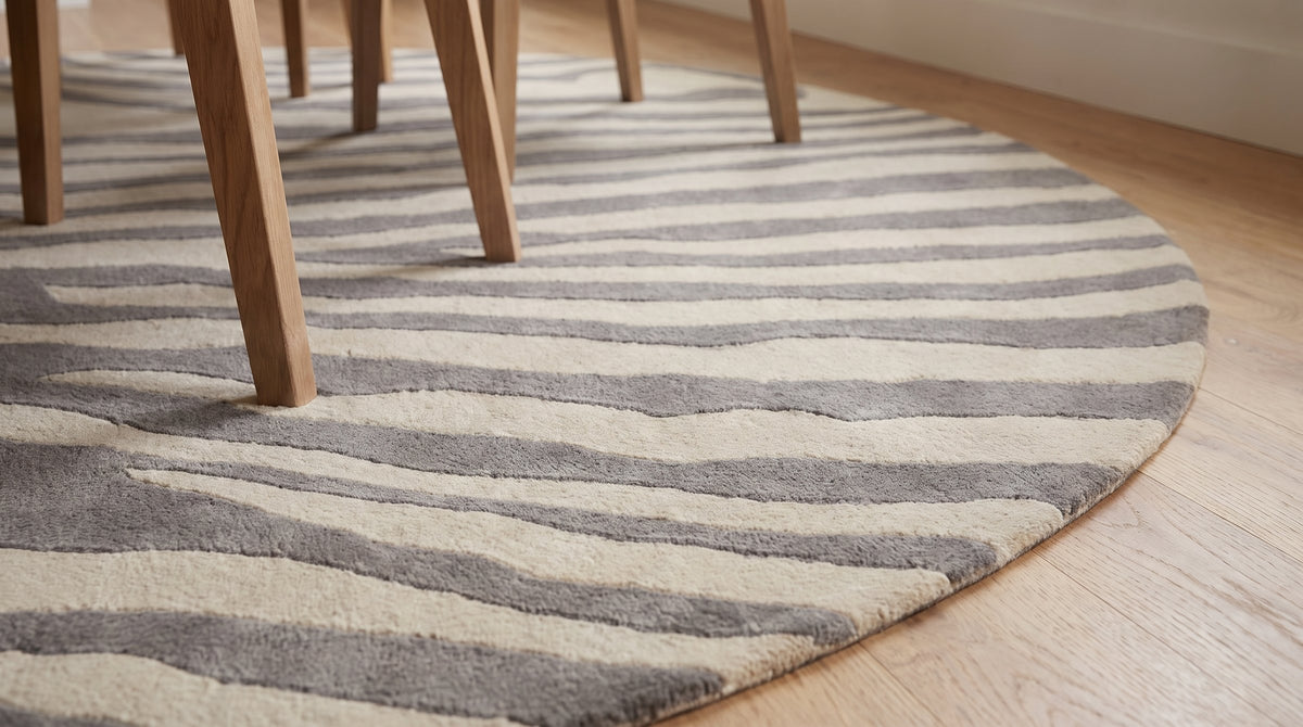 Sleek Graceful Multicolor Hand Tufted Wool Rug in a dining room