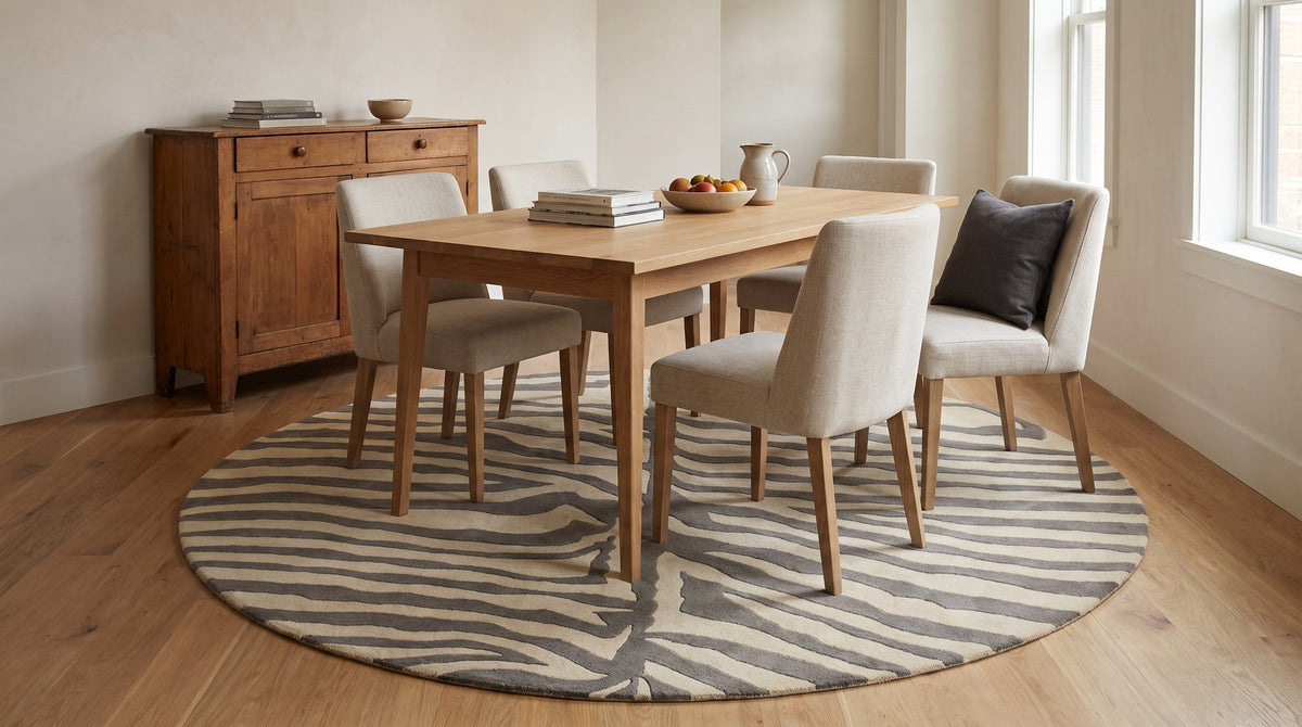 Sleek Graceful Multicolor Hand Tufted Wool Rug in a dining room