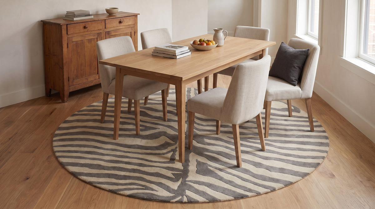 Sleek Graceful Multicolor Hand Tufted Wool Rug in a dining room