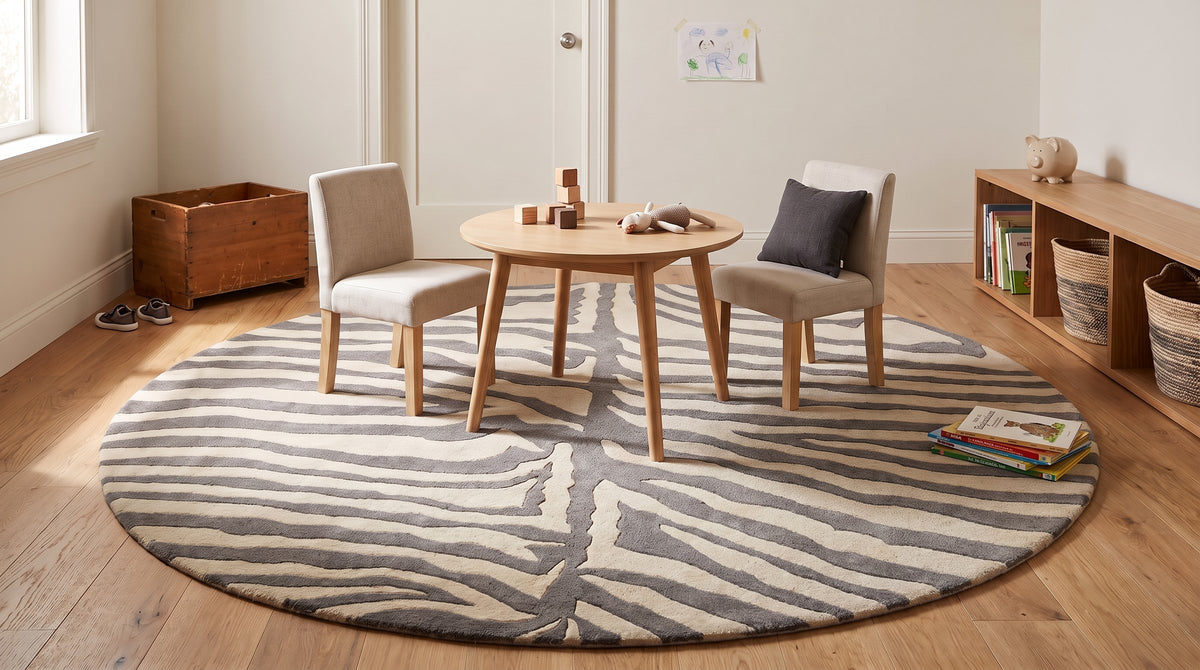 Sleek Graceful Multicolor Hand Tufted Wool Rug in a kids room