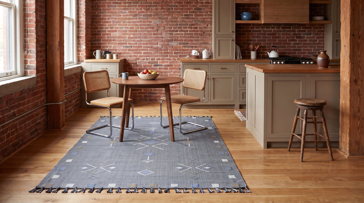 Sleek Inviting Gray Flatweave Rug in a kitchen