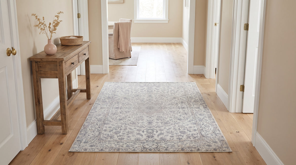 Sleek Rustic Beige Handmade Wool Rug in a hallway