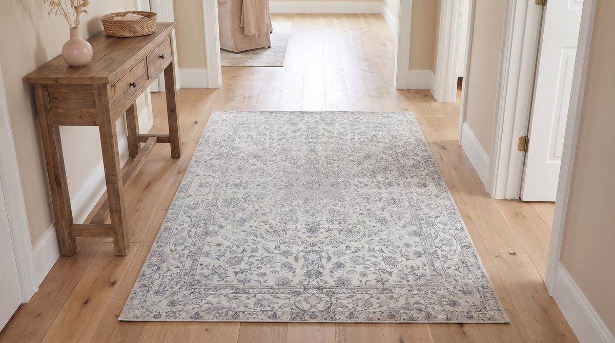 Sleek Rustic Beige Handmade Wool Rug in a hallway