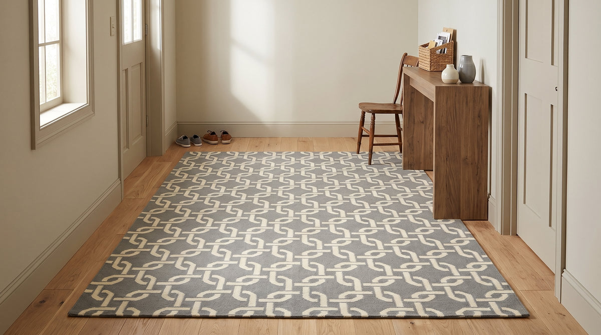 Sloane Cozy Grey Flatweave Wool Rug in a hallway