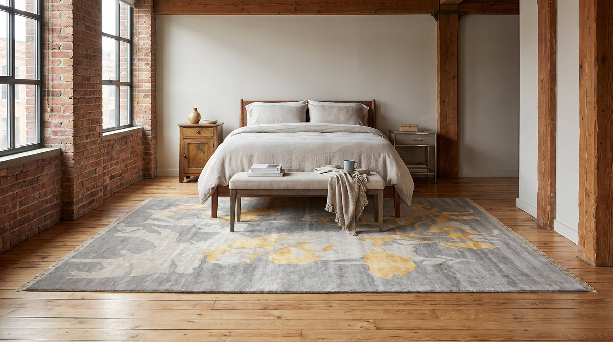 Sloane Giselle Gray Hand Knotted Wool & Viscose Rug in a bedroom