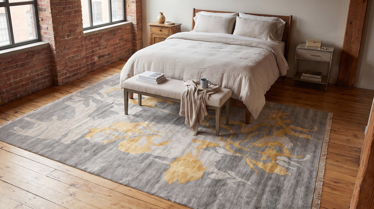 Sloane Giselle Gray Hand Knotted Wool & Viscose Rug in a bedroom