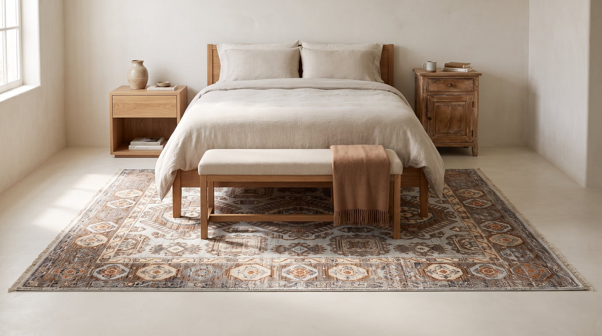 Sloane Kazak Ivory Hand Knotted Wool Rug in a bedroom