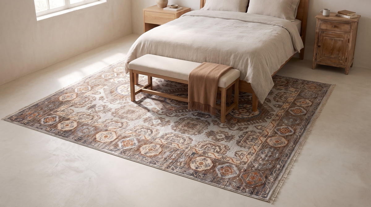 Sloane Kazak Ivory Hand Knotted Wool Rug in a bedroom