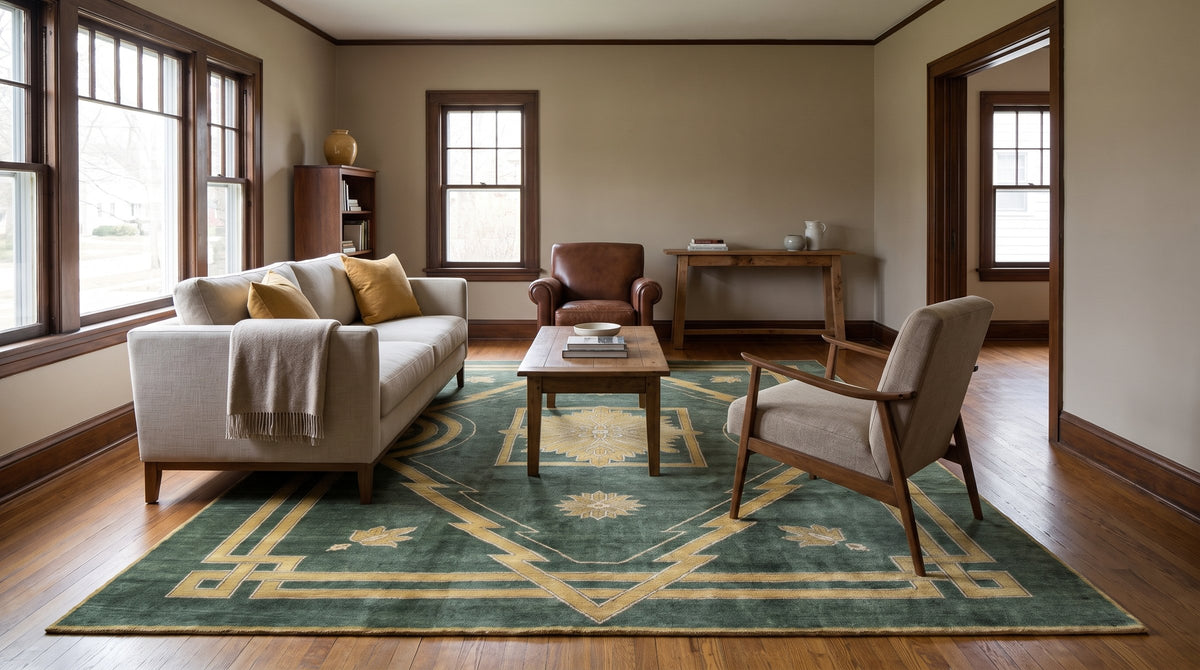 Sloane Louie Green Hand Knotted Wool Rug in a living room