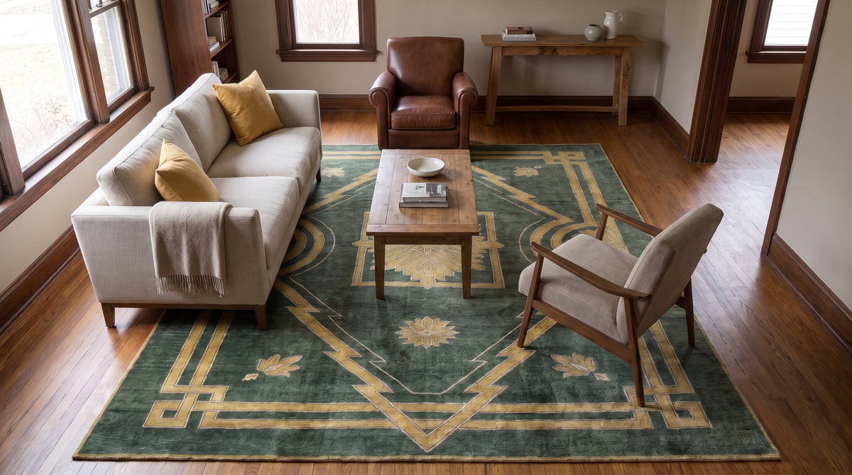 Sloane Louie Green Hand Knotted Wool Rug in a living room