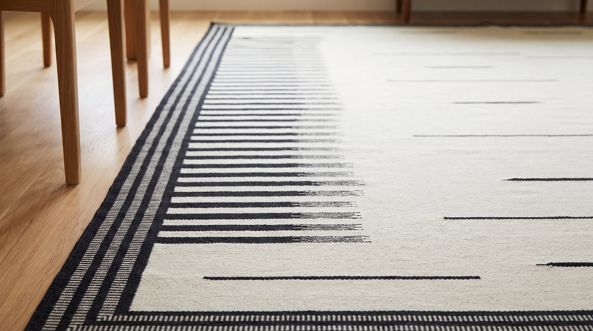 Sloane Majestic Gray and Ivory Flatweave Wool Rug in a dining room