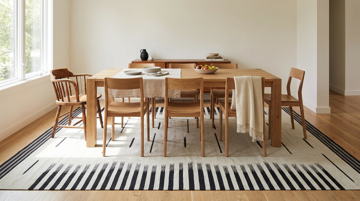Sloane Majestic Gray and Ivory Flatweave Wool Rug in a dining room