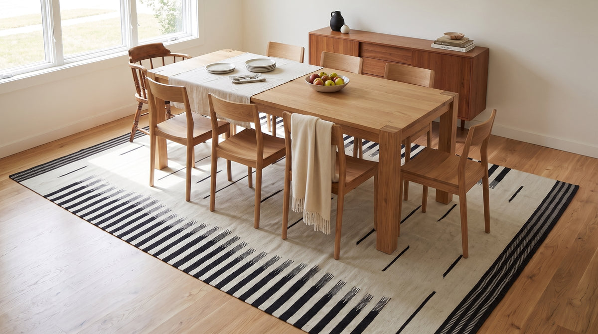 Sloane Majestic Gray and Ivory Flatweave Wool Rug in a dining room