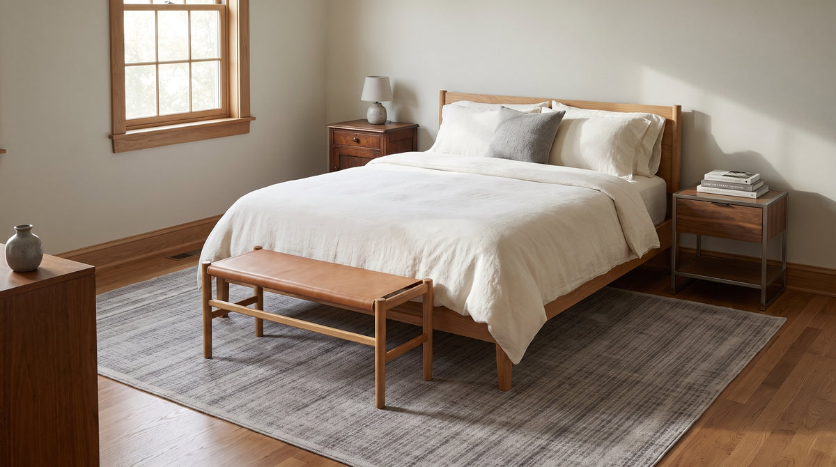 Sloane Maya Silver Handmade Rug in a bedroom