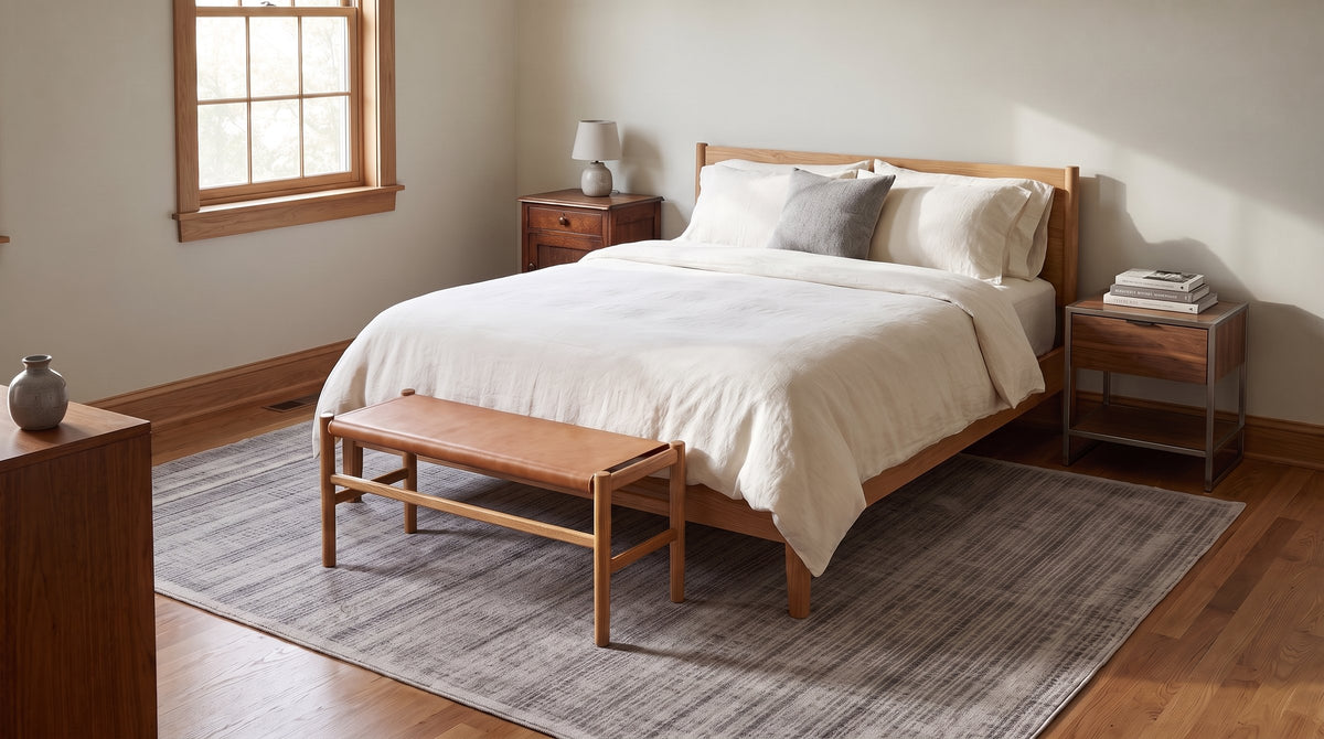 Sloane Maya Silver Handmade Rug in a bedroom