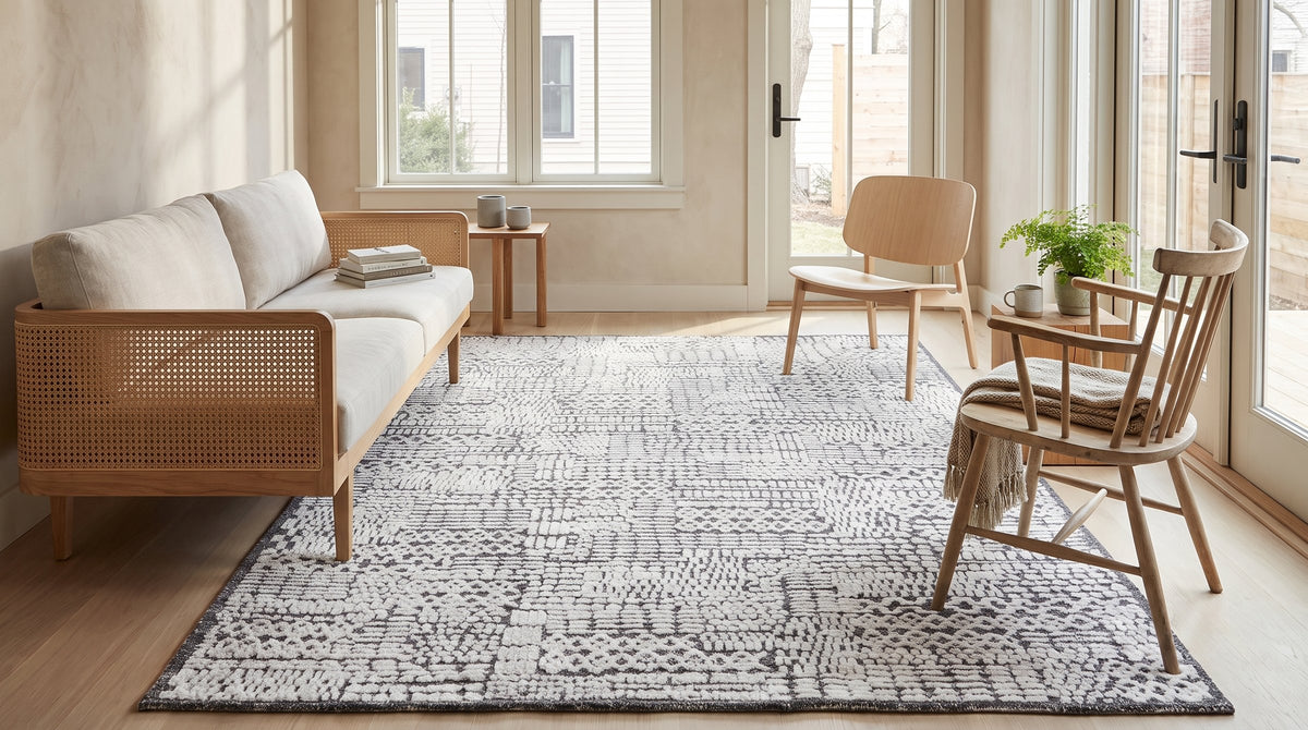 Sloane Sophisticated Ivory Hand Knotted Wool Rug in a sunroom