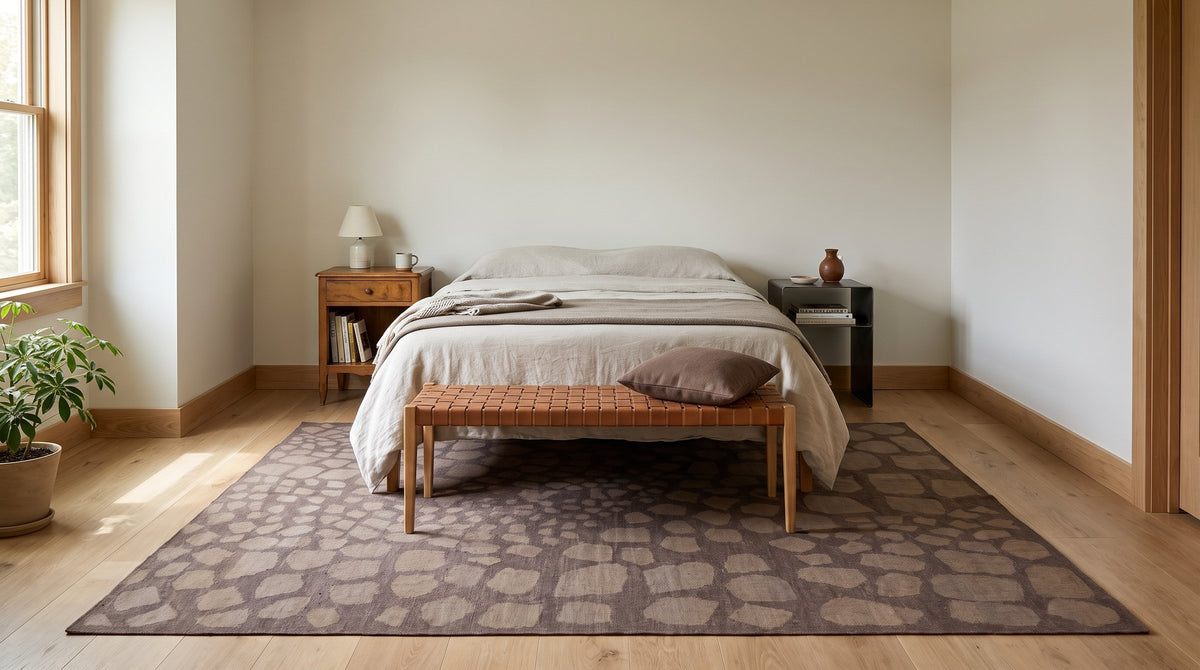 Sloane Timeless Purple Flatweave Wool Rug in a bedroom