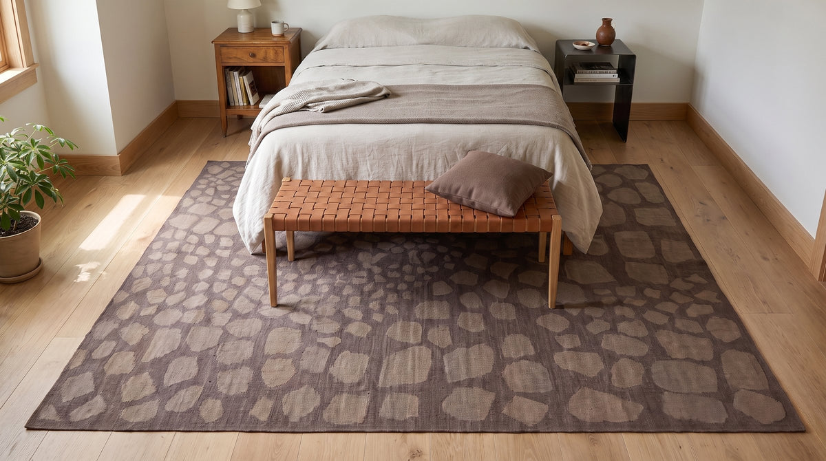 Sloane Timeless Purple Flatweave Wool Rug in a bedroom