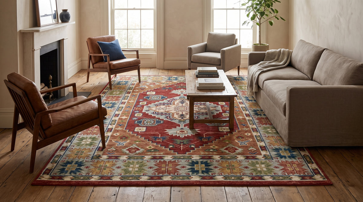 Sophie Chic Red Hand Knotted Wool Rug in a living room