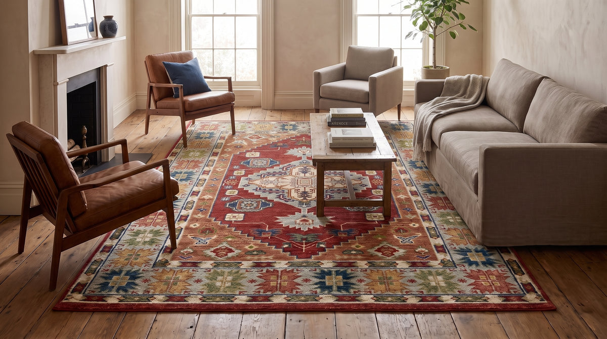 Sophie Chic Red Hand Knotted Wool Rug in a living room