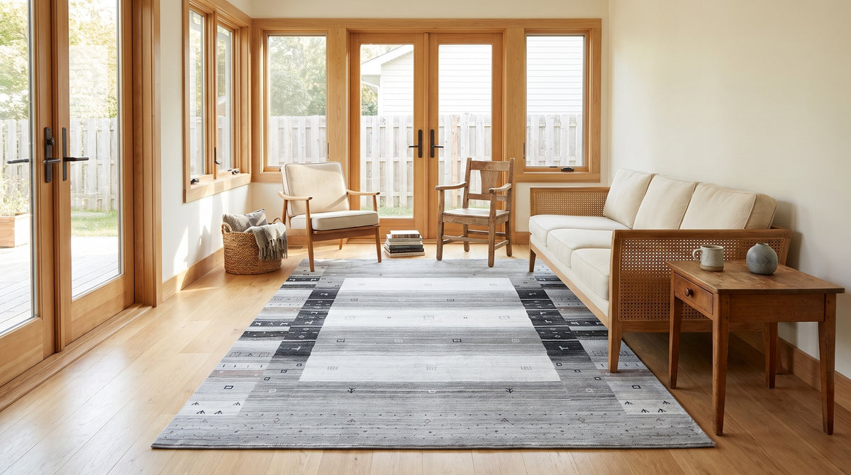 Sophie Gabbeh Gray Handmade Wool Rug in a sunroom