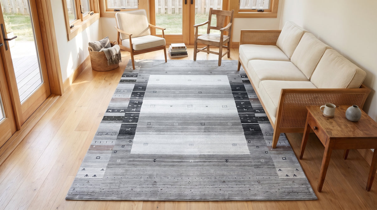 Sophie Gabbeh Gray Handmade Wool Rug in a sunroom