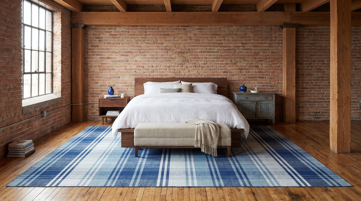 Sophisticated Elegant Blue Flatweave Wool Rug in a bedroom